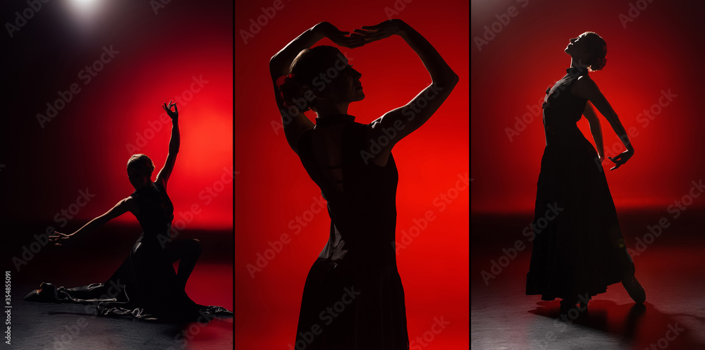 collage of young and elegant woman dancing flamenco on red - obrazy, fototapety, plakaty 