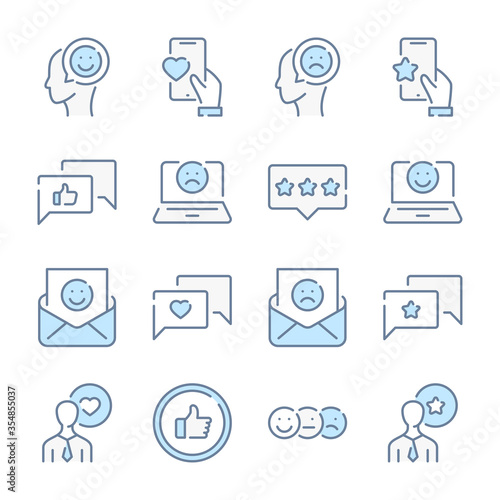 Testimonials and Feedback related blue line colored icons. Review and Survey icon set.