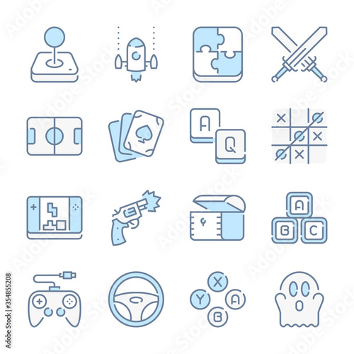 Games category related blue line colored icons. Video Game and Mobile Gaming icon set.