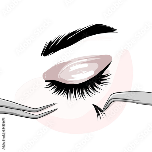 Lash extension beautican procedure, lash stylist make faux eyelash extention, professional beauty service. Permanent Natural eyelashes application courses, training, masterclass. Volume, long lashes