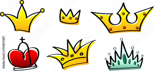 Hand-drawn cartoon crown logo set for queen icon badge, princess diadem symbol, illustration, beauty and fashion shopping concept.