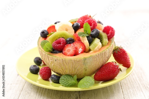 mixed fruit salad with melon  strawberry  blueberry  kiwi