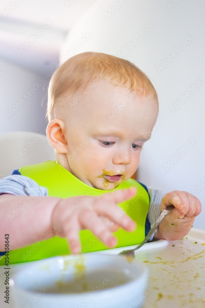 Excited focused baby learning to use spoon, eating vegs and puree by herself. Little child wearing plastic bib, sitting in highchair. First solid food or child care at home concept Excited focused baby learning to use spoon, eating vegs and puree by herself. Little child wearing plastic bib, sitting in highchair. First solid food or child care at home concept