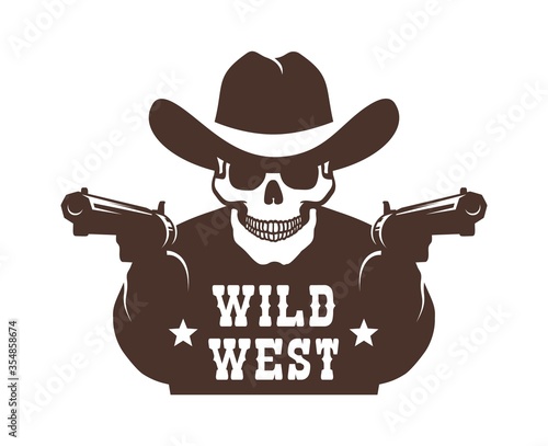 Naklejka Cowboy skeleton bandit with guns stencil. Skull western ...