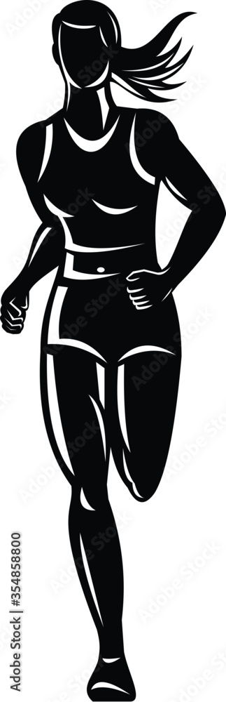 Female Marathon Runner Running Front View Black and White Stock Vector ...