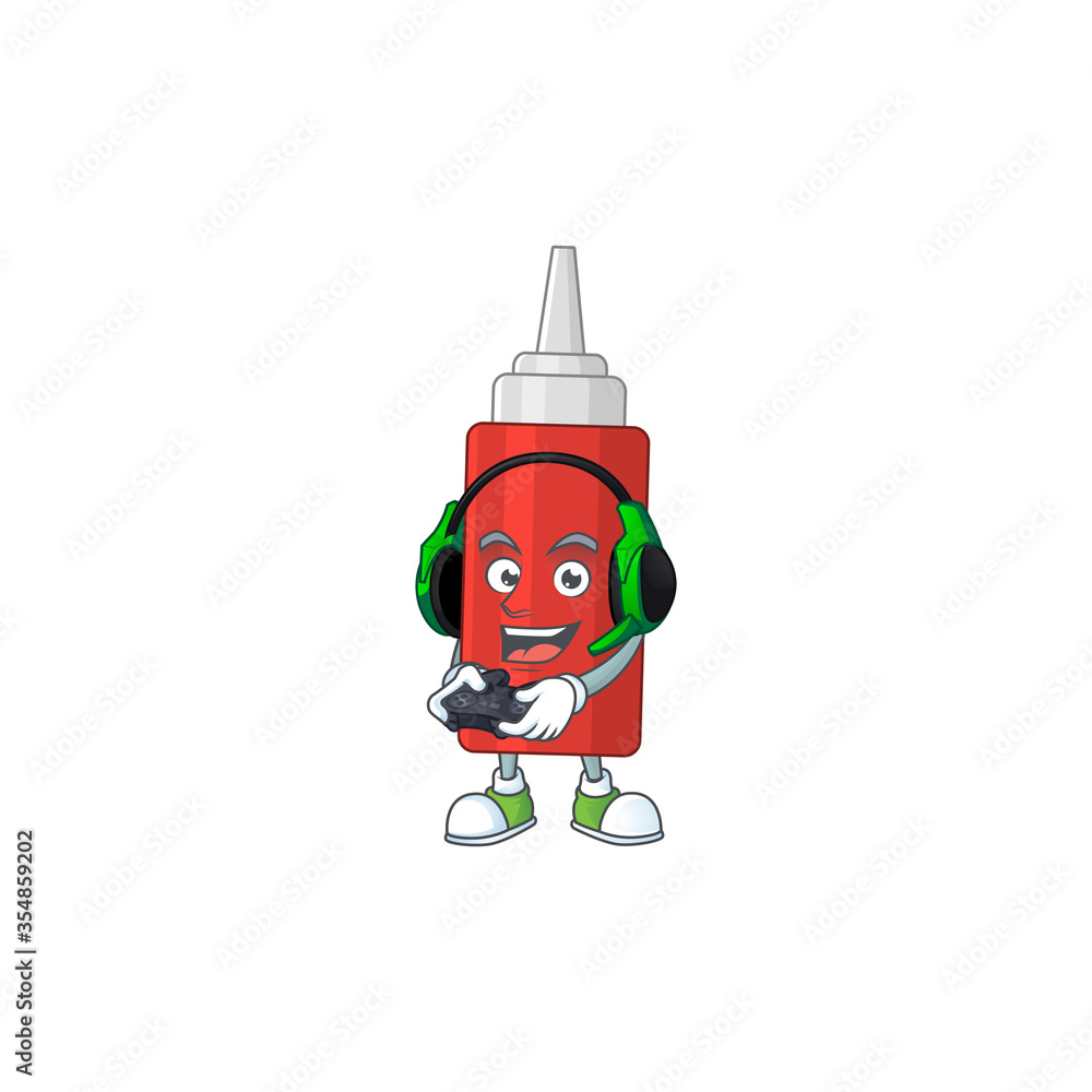 A cartoon design of sauce bottle clever gamer play wearing headphone A cartoon design of sauce bottle clever gamer play wearing headphone