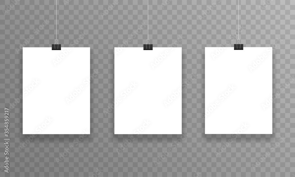 Three realistic sheets of paper hanging on paper clips on a transparent background. Vector. Three realistic sheets of paper hanging on paper clips on a transparent background. Vector.