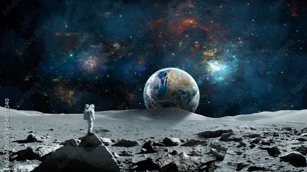 Space background. Astronaut standing on moon surface with earth planet and colorful nebula. Elements furnished by NASA. 3D rendering - obrazy, fototapety, plakaty 
