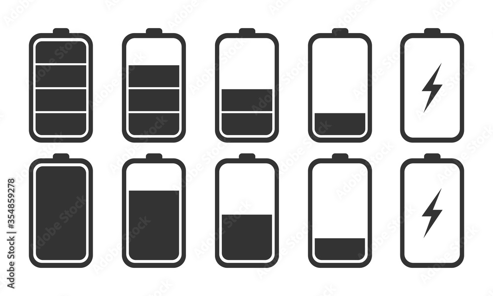 Gray battery charge icon of different design isolated on white background. Vector. Gray battery charge icon of different design isolated on white background. Vector.