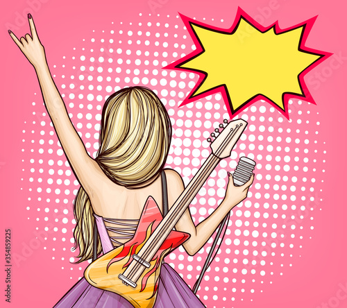 Vector pop art cool rock star girl in dress with electric guitar and microphone showing rock n roll sign, back view. Musician on stage. Poster for metal festival, party, disco, concert, music fest.