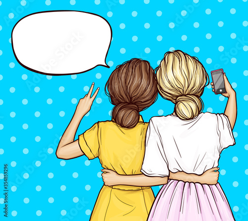 Vector pop art two girlfriends standing backwards, hugging, making selfie on smartphone. Women takes a photo, shows peace, victory gesture. Poster about social networks, communicating with the phone.