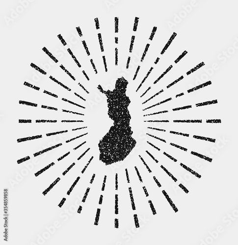 Vintage map of Finland. Grunge sunburst around the country. Black Finland shape with sun rays on white background. Vector illustration.