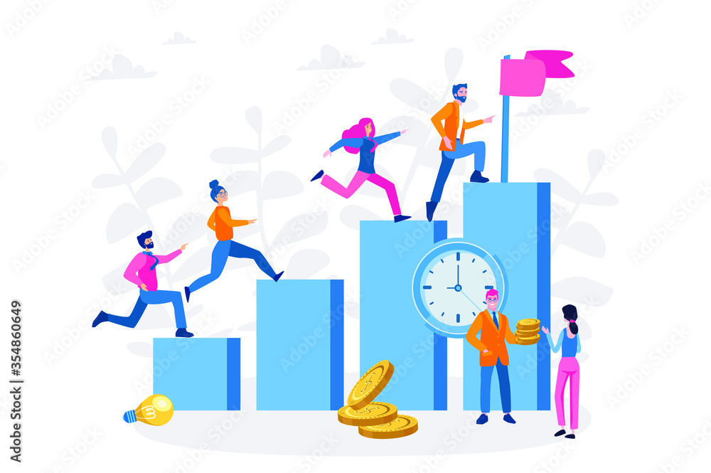 Competitive Process in Business, business man and woman  run to their goal, move up the motivation, the way to achieve the goal, businessman in hurry in each step vector illustration for web, print