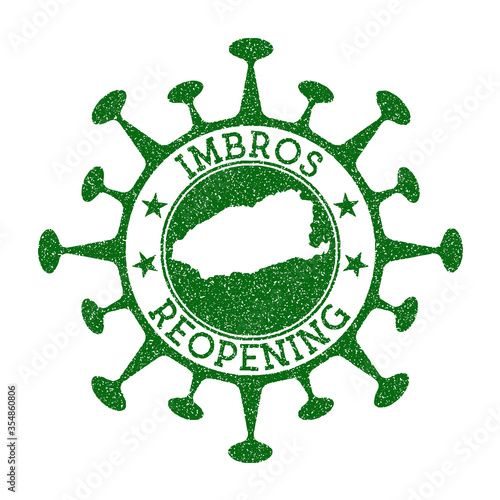 Imbros Reopening Stamp. Green round badge of island with map of Imbros. Island opening after lockdown. Vector illustration.