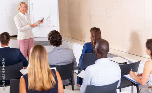Mature woman presenting business project to coworkers