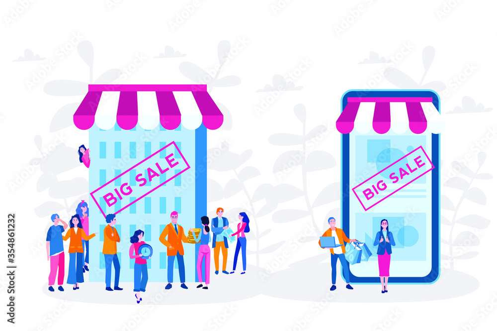 Shopping VS mobile shopping. Big queue Outside a Mall Having a Sale, Hot Summer Big Sale. vector illustration for web, print, social media, presentation. e-commerce, marketing. online offline store. Shopping VS mobile shopping. Big queue Outside a Mall Having a Sale, Hot Summer Big Sale. vector illustration for web, print, social media, presentation. e-commerce, marketing. online offline store.