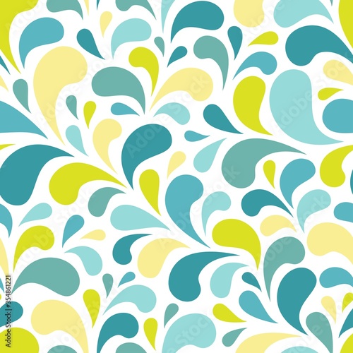 Seamless abstract pattern with blue and turquoise drops or petals on white background.