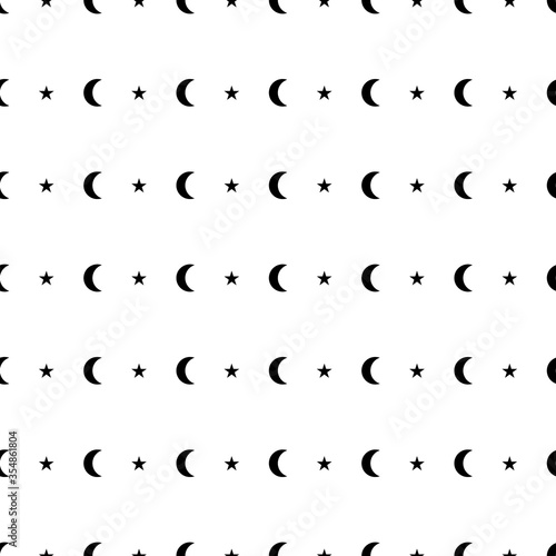 Seamless pattern with black half moon, crescents and stars on white background.