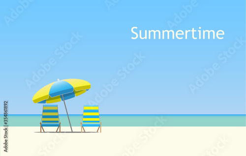 Summertime. Background with 2 sun beds and a beach umbrella.