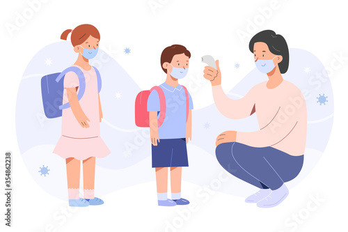 Measuring temperature in kindergarten, children standing in row, back to school concept, schooling after coronavirus pandemic, nanny measuring temperature with non-contact thermometer, characters