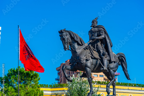 View of Skanderbeg statue at Tirana, Albania