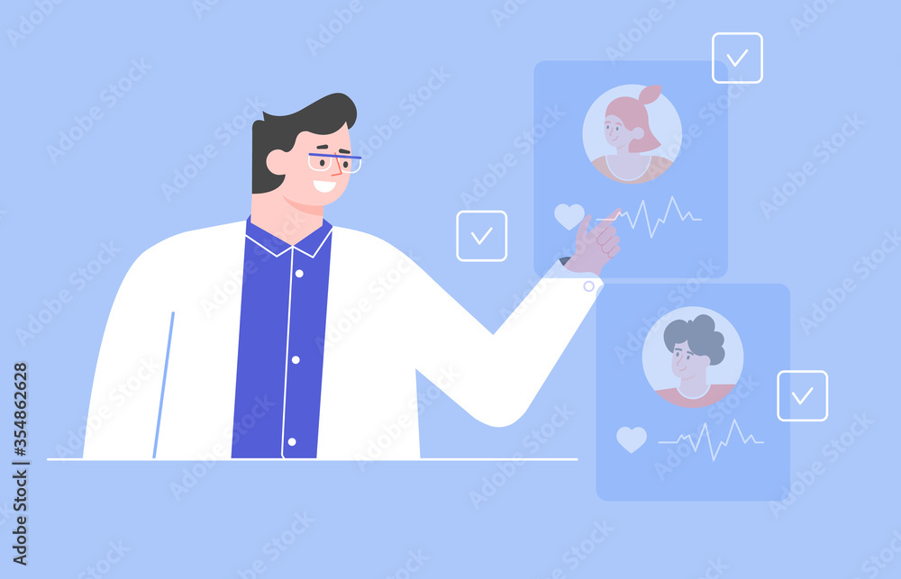 Male doctor and patient card with heartbeat. Diagnosis of diseases, medical tests, effective treatment. Telemedicine. Vector flat illustration. Male doctor and patient card with heartbeat. Diagnosis of diseases, medical tests, effective treatment. Telemedicine. Vector flat illustration.
