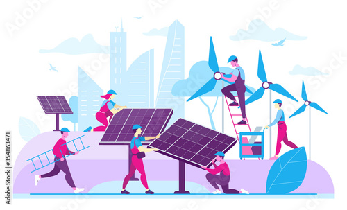 Workers installing ecological energy generators. Flat vector illustration