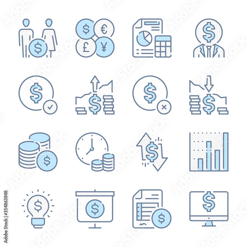 Cash, Money and Savings related blue line colored icons. Payment, Family Budget and Dollar icon set.