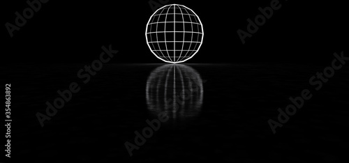 Glowing ball in a dark space. A ball consisting of luminous lines glows in the dark. 3D Render. © psycoma