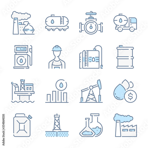 Oil and Gas Industry related blue line colored icons. Gasoline and Fuel Factory icon set.
