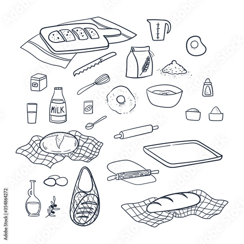 Baking bread doodles hand drawn set. Utensils for making bread. Passion for cooking.