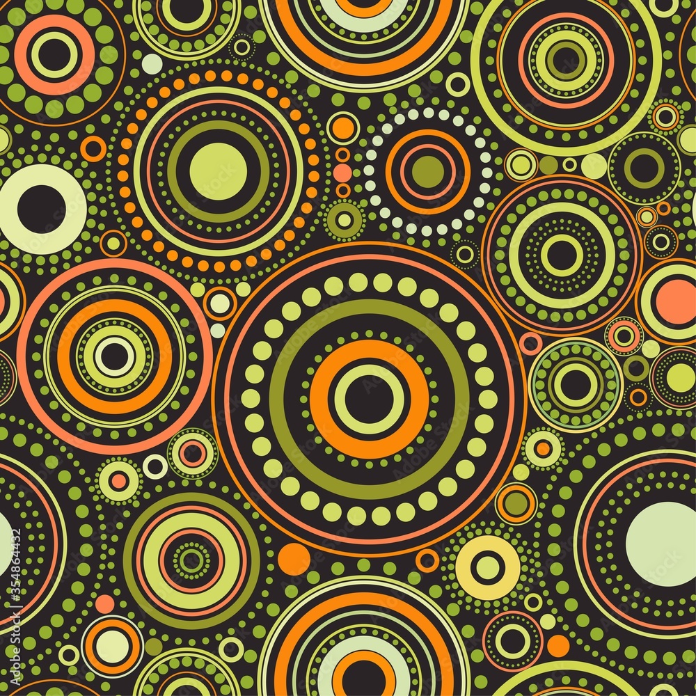 Seamless abstract pattern of blue, orange and green circles and dots on black background. Seamless abstract pattern of blue, orange and green circles and dots on black background.