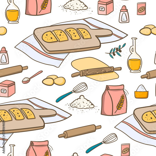 Homemade bread doodle illustration. Hand drawn cartoon concept for advertisement, banner, poster etc. Food and ingredients.