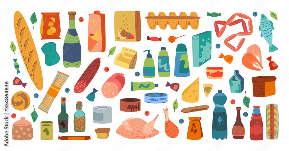 Vector set of assorted goods and products