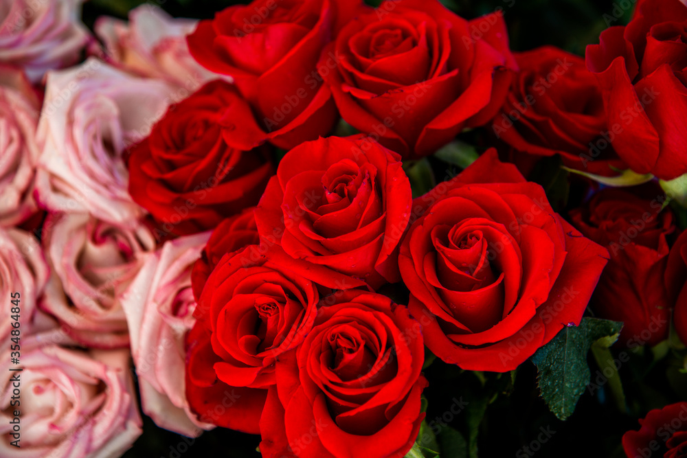 red rose petals and flowers. large bouquet of red and yellow flowers. flowers for a gift. red rose petals and flowers. large bouquet of red and yellow flowers. flowers for a gift.