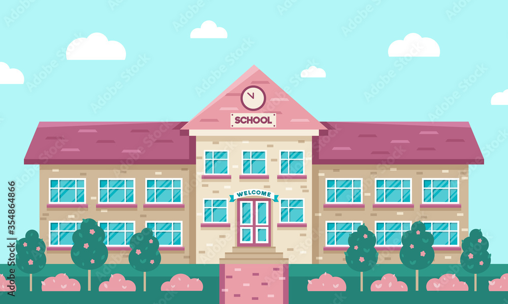 School building vector illustration. Flat geometric style. Back to school element. Landscape with trees, bushes, grass, blue sky and clouds. Exterior with welcome sign and round clock