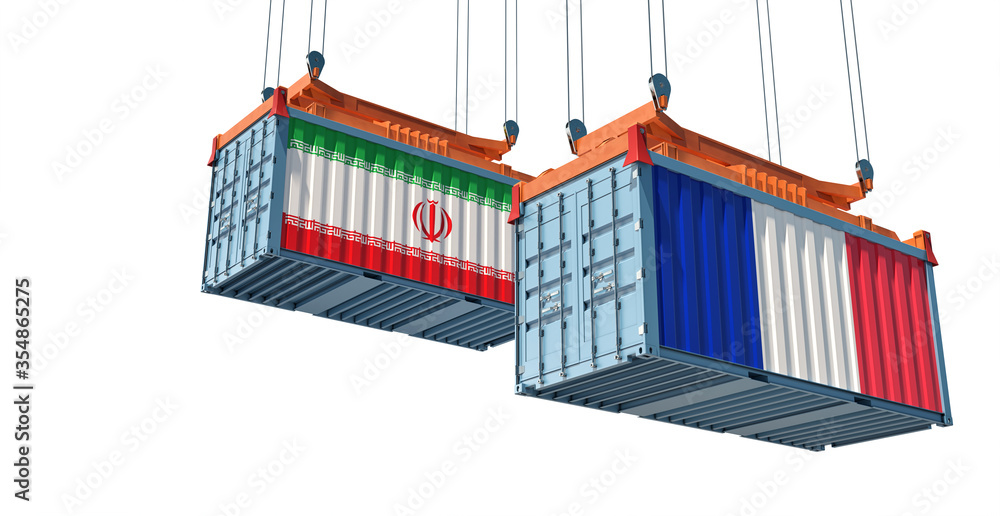 Shipping containers with Iran and France flag. 3D Rendering Shipping containers with Iran and France flag. 3D Rendering