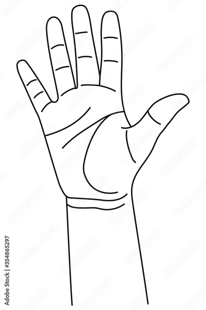 Number five, hand gesture. Concept of finger counting on sign language. Vector illustration in outline style isolated on white background. Number five, hand gesture. Concept of finger counting on sign language. Vector illustration in outline style isolated on white background.