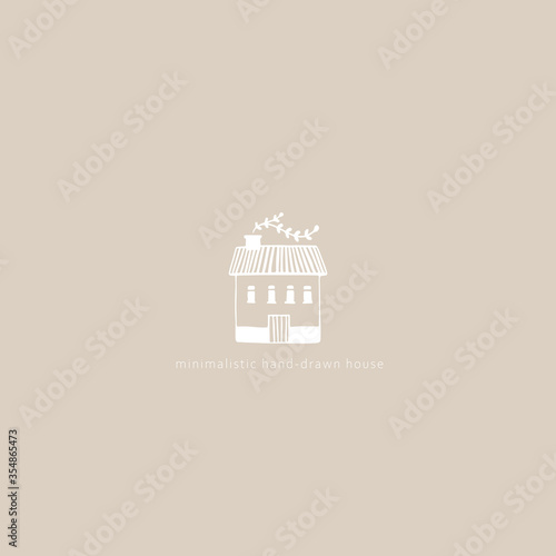 House hand-drawn icon. Vector illustration of a building in a simple cartoon Scandinavian style. White sketch drawing on a pastel beige background. Can be used for logo © Світлана Харчук