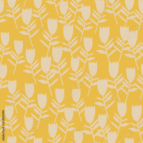 Chaotic bluebell flowers seamless pattern on yelow background. Abstract floral endless wallpaper.