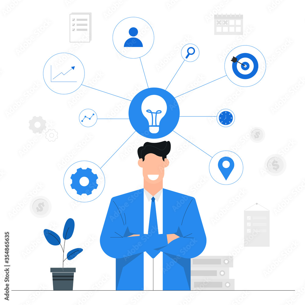 Extending business ideas or creativity,Development of knowledge and skills,Success goal management,businessman character,Blue illustration background Extending business ideas or creativity,Development of knowledge and skills,Success goal management,businessman character,Blue illustration background