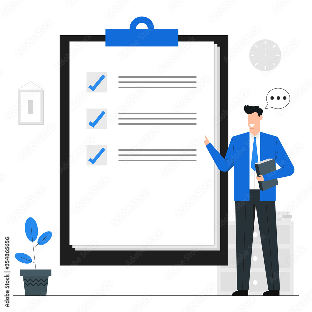 Verification of business documents,Checking report paper,businessman character,Blue illustration background Verification of business documents,Checking report paper,businessman character,Blue illustration background
