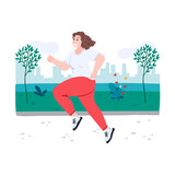 Happy young woman running along a riverside. Outdoor training with a city view in a park near a river. Cartoon flat style hand drawn concept illustration for magazine, poster, banner, advertising.