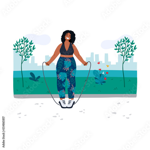 Woman jumping rope in a park by the river. Summer outdoor activity. Hand drawn doodle cartoon vector illustration.