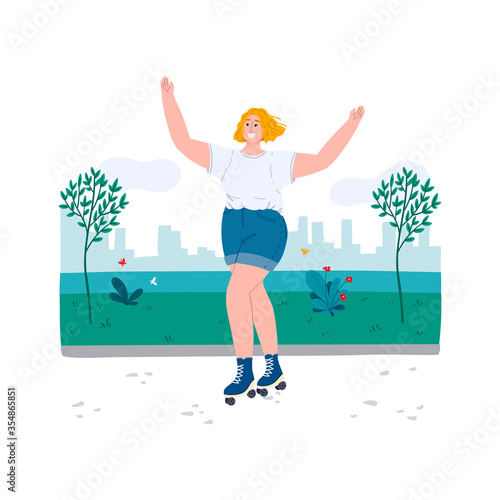 Happy young woman is rollerblading along the promenade. Park near a river with city view. Hand drawn cartoon flat concept illustration for banner, poster, advertising.