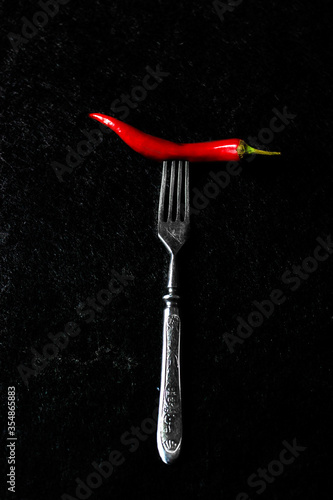 Metal fork with pepper on a dark background