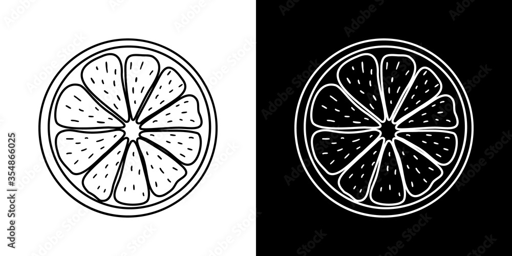 Set of black-white citrus icons. Stock vector illustration. Simple style. For logos lemon, orange, grapefruit, lime. Isolated symbols on the background. For creative designs, stickers, menus, prints.