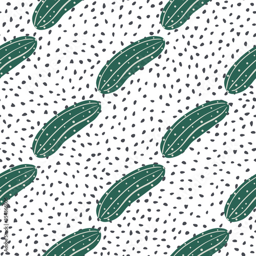 Doodle cucumber seamless pattern on black dots background. Cucumbers vegetable endless wallpaper.