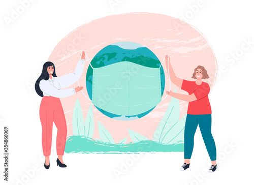 Women hold face mask and put it on the Earth. Covid-19 prevention measures. Healthcare and quarantine. Hand drawn flat cartoon people.