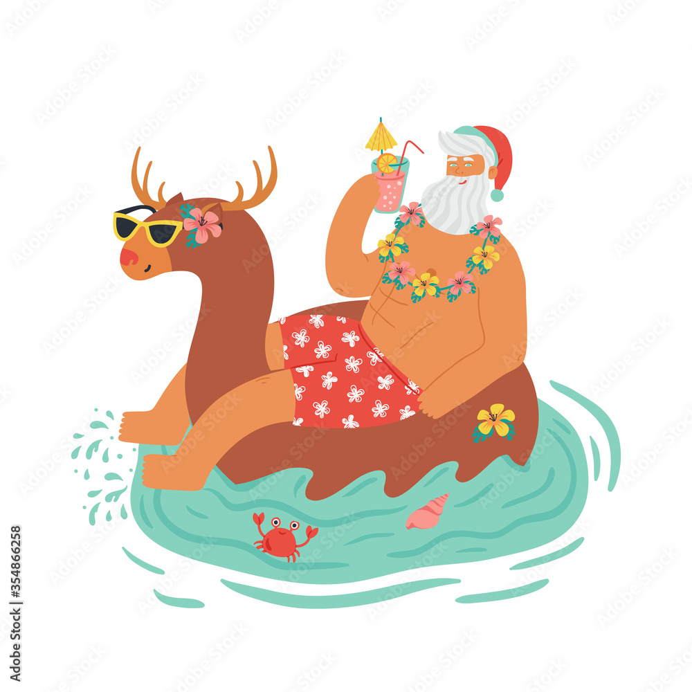 Fototapeta premium Youthful sexy Santa Claus dressed in swimming shorts and a wreath of flowers on a summer vacation